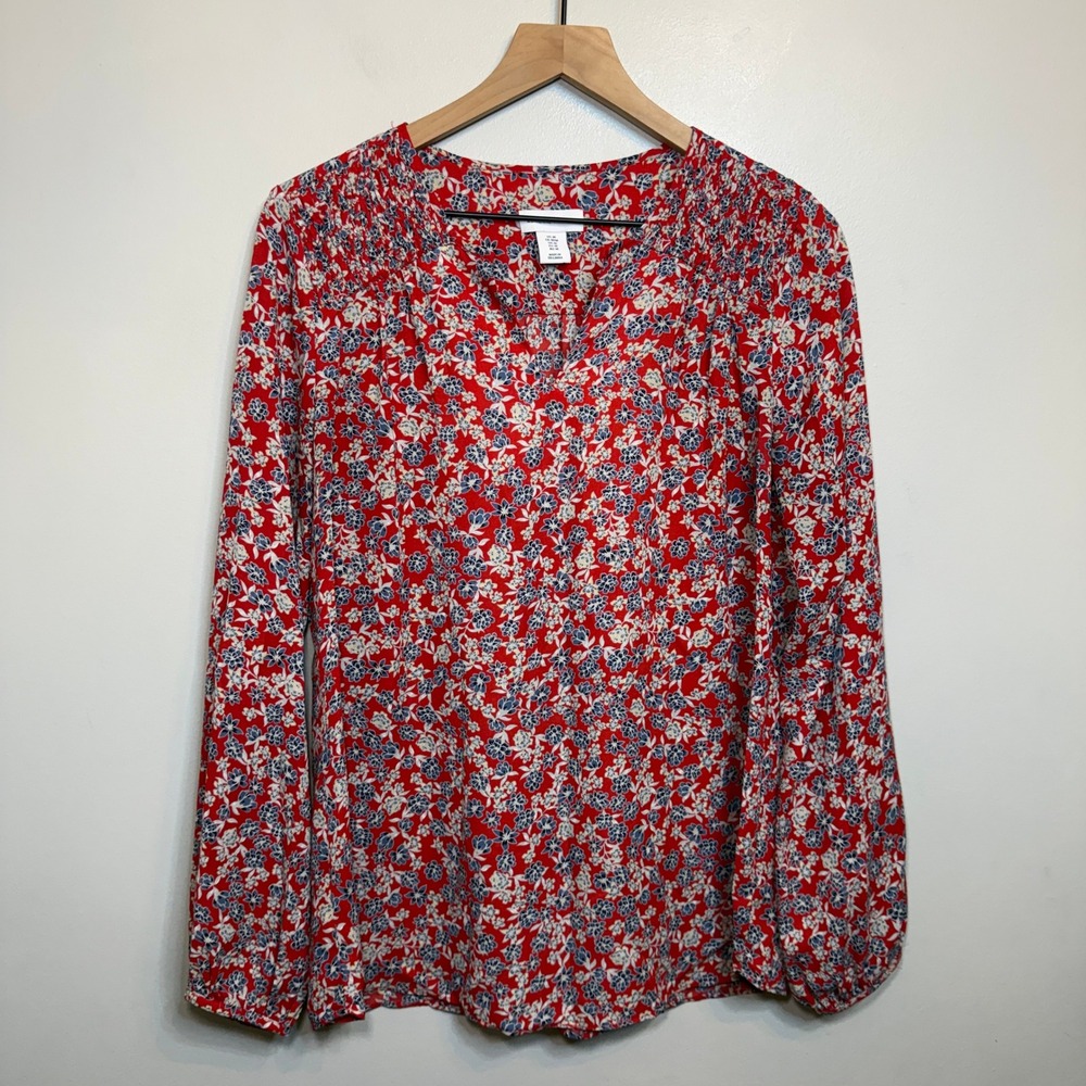 Adrienne Vittadini Red Floral Split V-Neck Long Sleeve Blouse Women's Medium